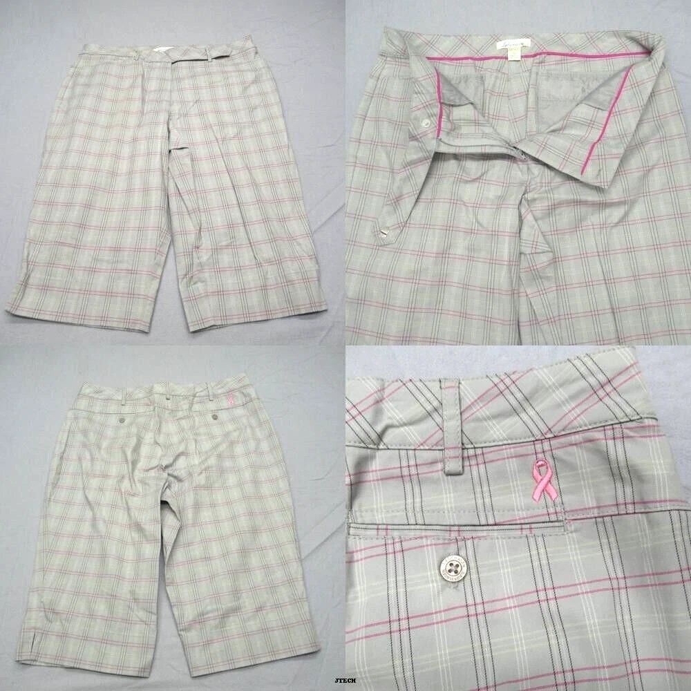 Lady Hagen Golf Shorts Women 10 Cream Pink Breast Cancer Plaid Belted Bermuda